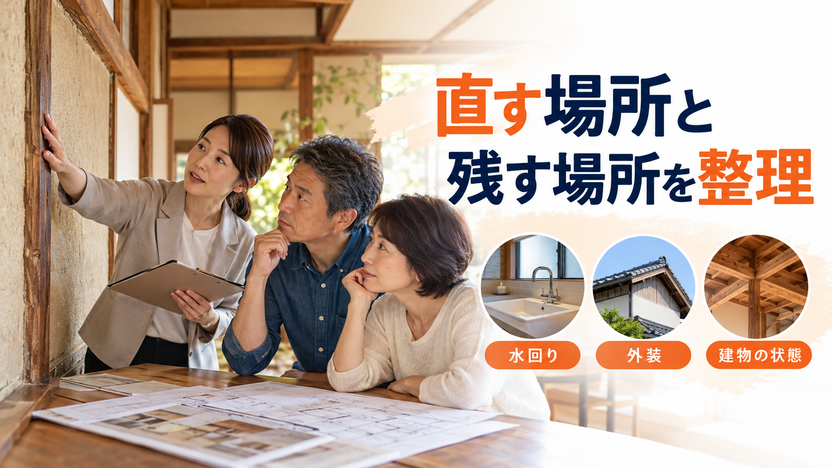 住まいの水回り・外装・建物の状態を確認し、直す場所と残す場所を相談するイメージ