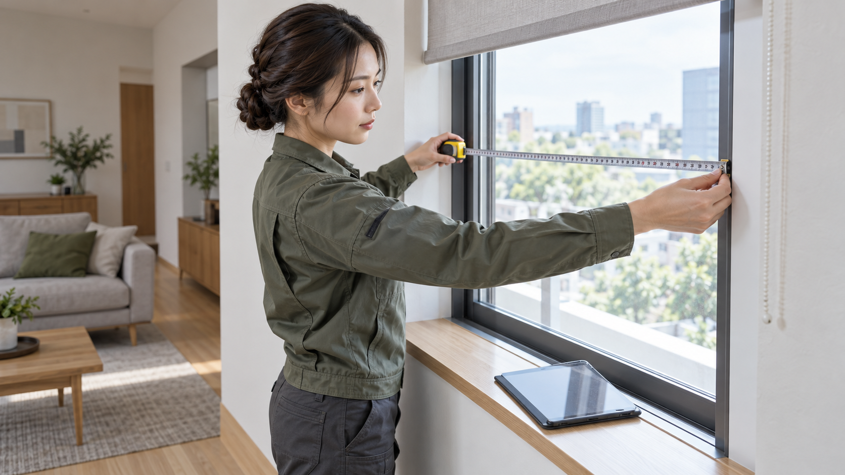 明るいリビングで窓枠の内側の幅をメジャーで測る女性調査員