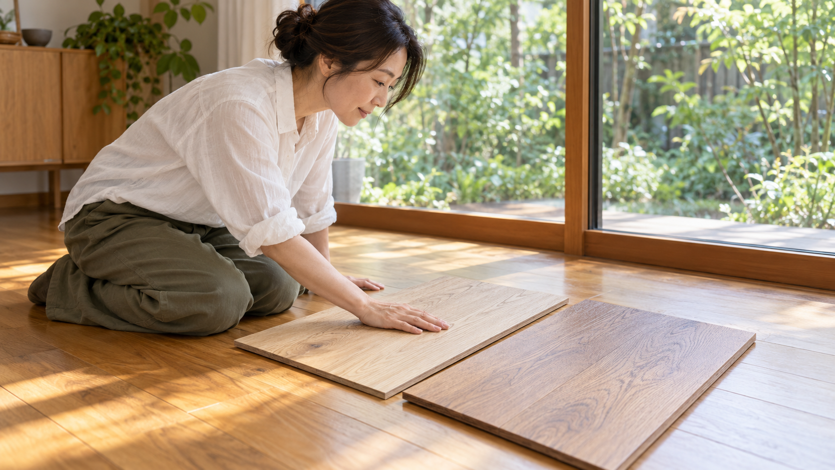 庭に面した部屋で床材のサンプルを並べ、木目や手触りを確認する女性