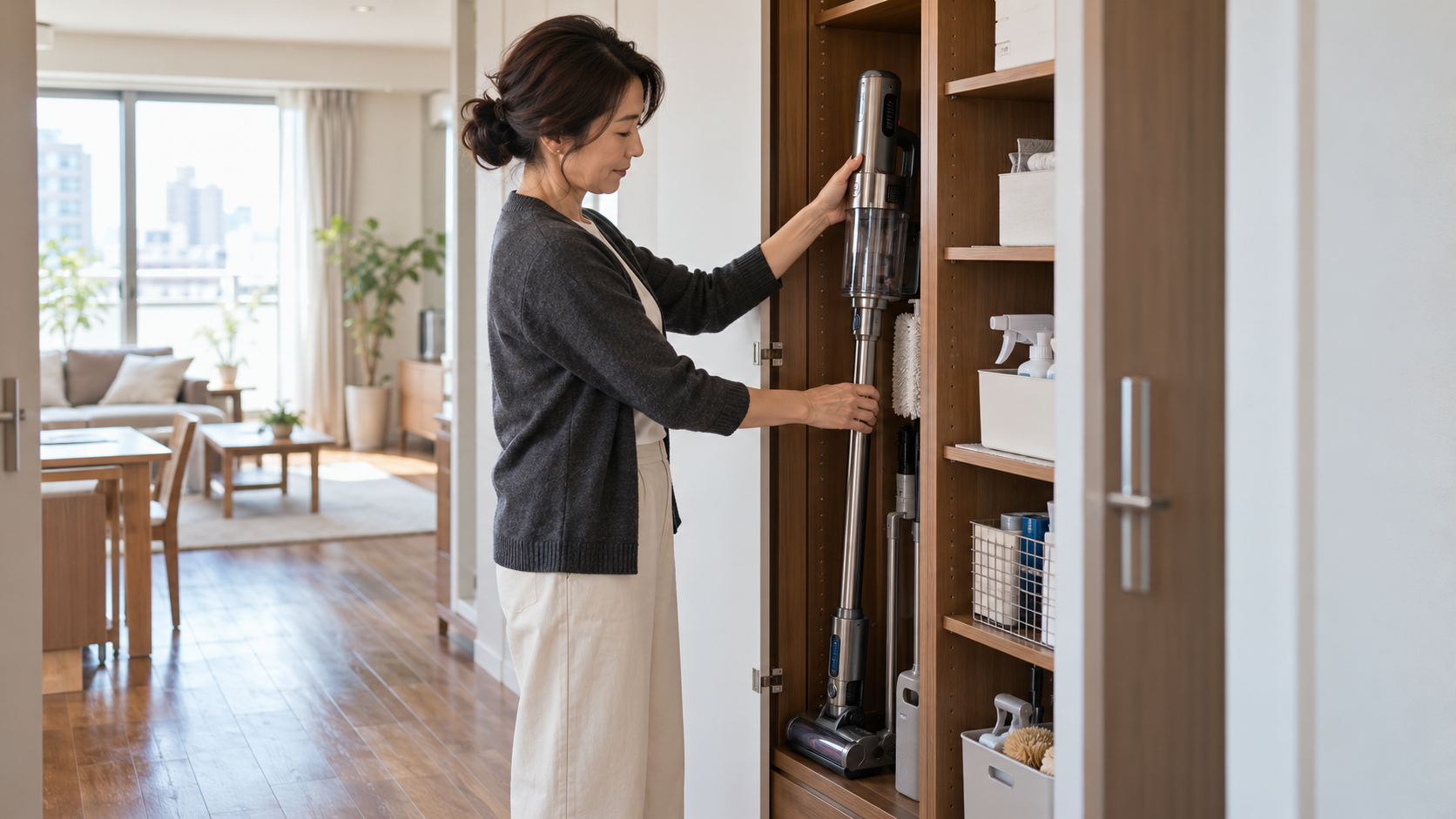 収納棚にコードレス掃除機を収めて使い勝手を確認する女性