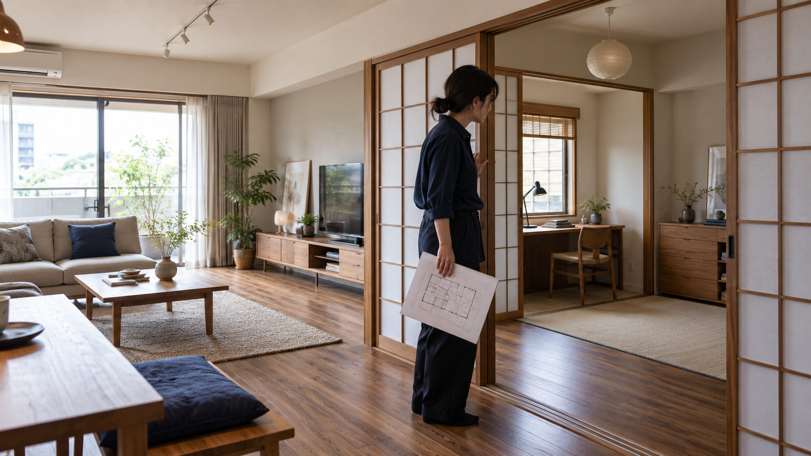 間取り図を持ち、リビングと隣の部屋のつながりを確認するリフォーム担当者