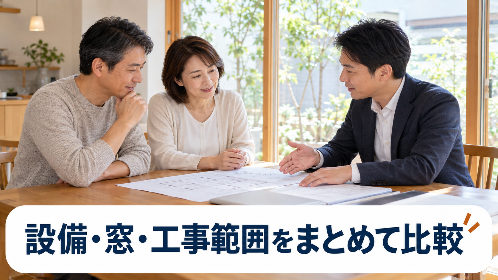 設備や窓の改修範囲と見積もりについて、担当者と相談する夫婦のイメージ