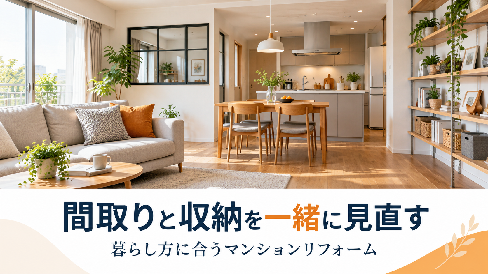 対面キッチンと室内窓、壁面収納を組み合わせたマンションリフォームのイメージ