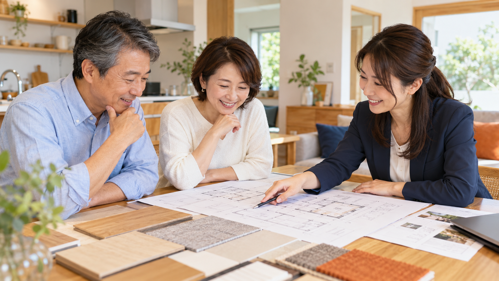 間取り図と素材サンプルを見ながらリフォームの希望を相談する夫婦