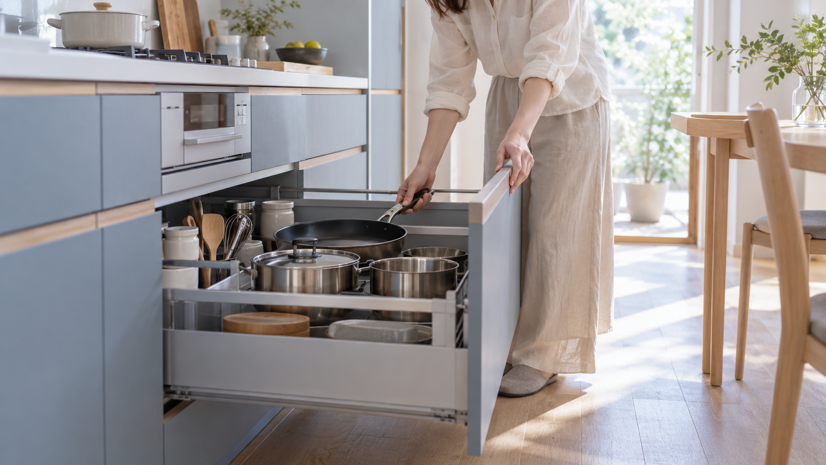 キッチンの引き出しを開けて調理器具の収納や取り出しやすさを確認する女性