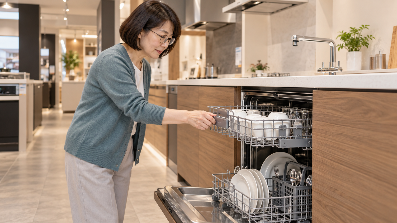 キッチンの食器洗い機を開けてラックの使い勝手を確認する女性