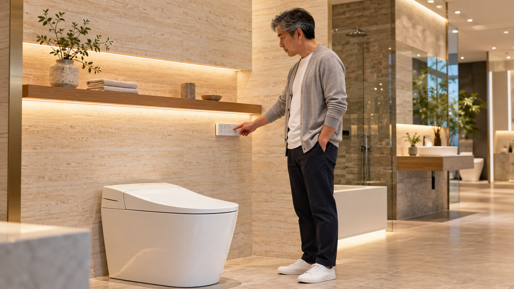 ショールームでトイレの壁付けリモコンの操作を確認する男性